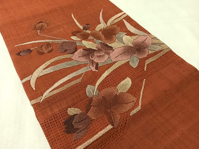 平和屋着物●中国三大刺繍 スワトウ相良刺繍 総刺繍 太鼓柄袋帯 紬地 カトレア 正絹 逸品 CABN3046vp