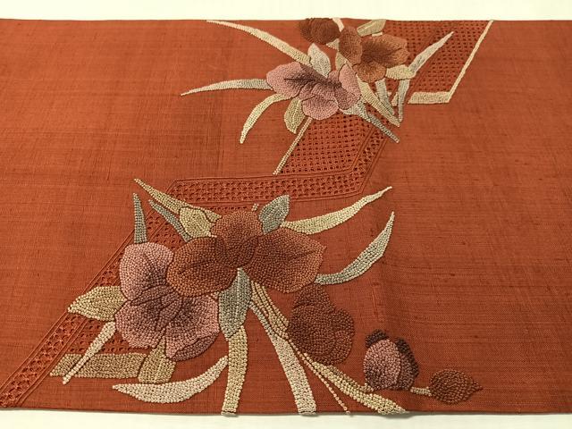 平和屋着物●中国三大刺繍 スワトウ相良刺繍 総刺繍 太鼓柄袋帯 紬地 カトレア 正絹 逸品 CABN3046vp