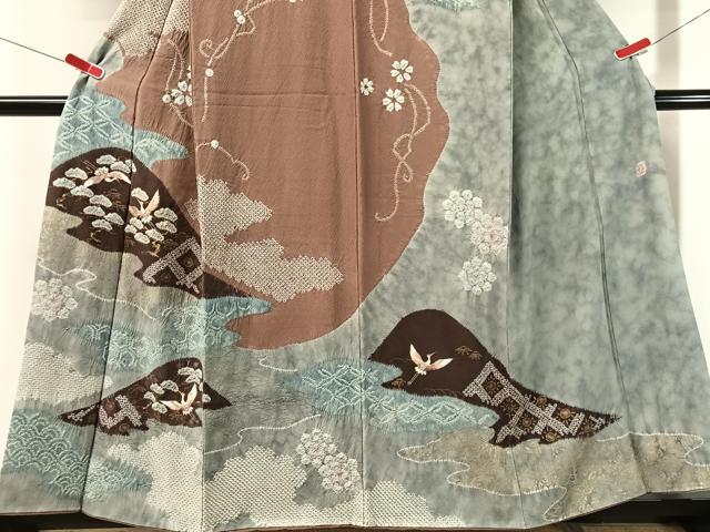 平和屋着物●十日町 名門 滝泰謹製 訪問着 絞り 刺繍 霞飛鶴花松文 金彩 正絹 逸品 CABN3114vp