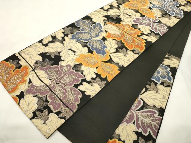 平和屋着物●六通柄 京本袋帯 草木文 黒地 銀糸 正絹 逸品 CABN3618dy