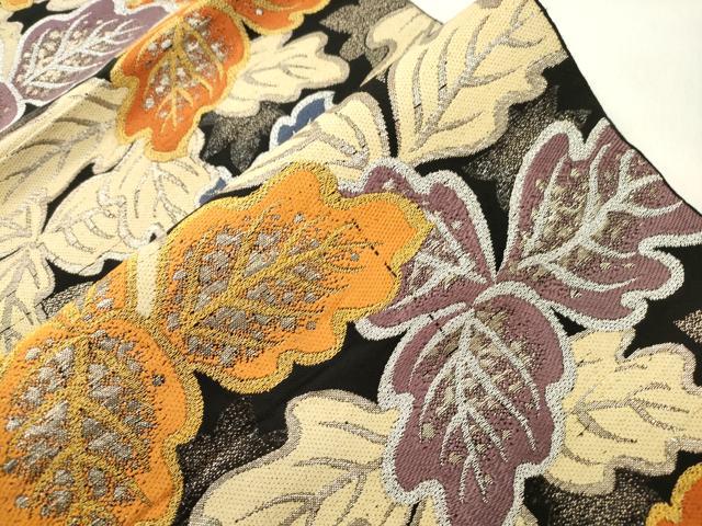 平和屋着物●六通柄 京本袋帯 草木文 黒地 銀糸 正絹 逸品 CABN3618dy