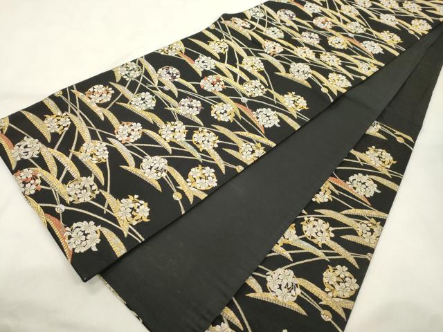 平和屋着物●六通柄袋帯 金色繭 草花丸文 黒地 金銀糸 正絹 逸品 CABN3621dy