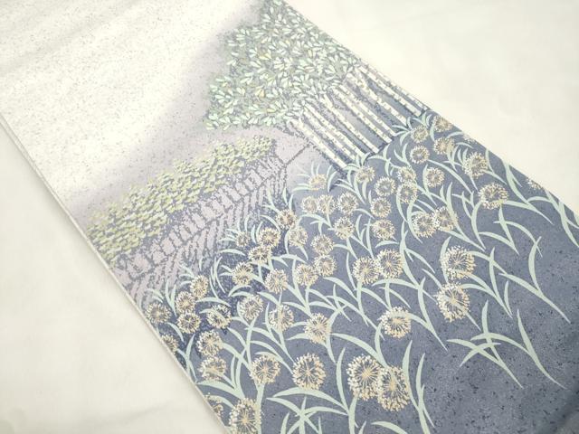 平和屋着物●太鼓柄袋帯 作家物 草花文 金彩 銀通し地 正絹 逸品 CABN3655dy