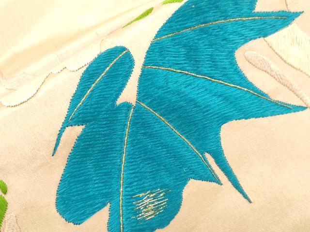 平和屋着物●アンティーク 大正ロマン 九寸名古屋帯 総手刺繍 草花文 金糸 正絹 逸品 CABN3678dy