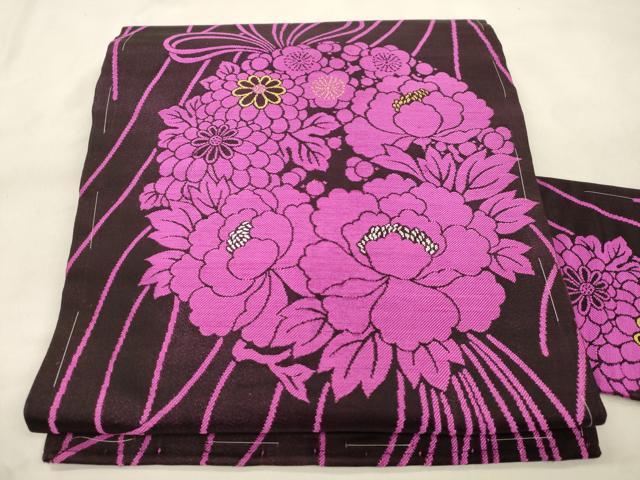 平和屋着物●アンティーク 大正ロマン 九寸名古屋帯 草花文 正絹 逸品 CABN3679dy