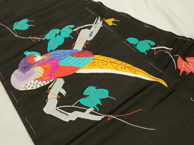 平和屋着物●アンティーク 大正ロマン 九寸名古屋帯 総手刺繍 尾長鳥花文 黒地 金糸 正絹 逸品 CABN3680dy