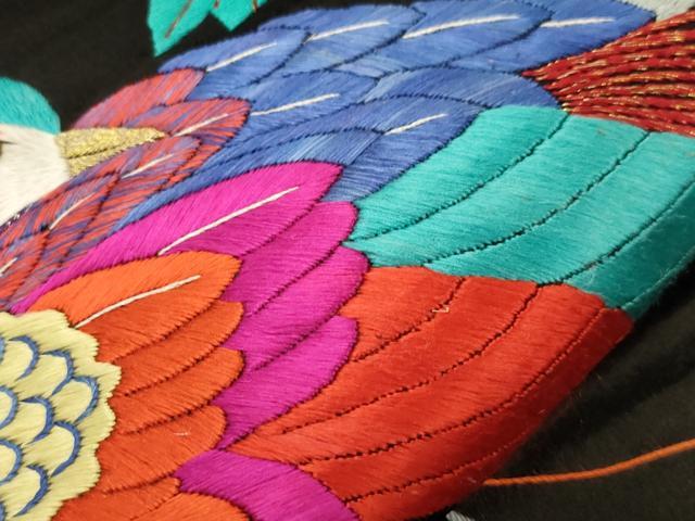 平和屋着物●アンティーク 大正ロマン 九寸名古屋帯 総手刺繍 尾長鳥花文 黒地 金糸 正絹 逸品 CABN3680dy