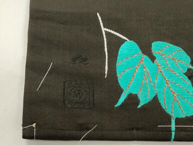 平和屋着物●アンティーク 大正ロマン 九寸名古屋帯 総手刺繍 尾長鳥花文 黒地 金糸 正絹 逸品 CABN3680dy