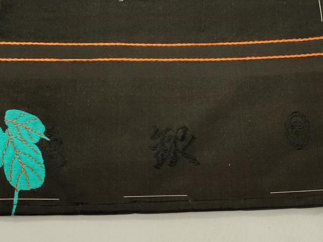 平和屋着物●アンティーク 大正ロマン 九寸名古屋帯 総手刺繍 尾長鳥花文 黒地 金糸 正絹 逸品 CABN3680dy