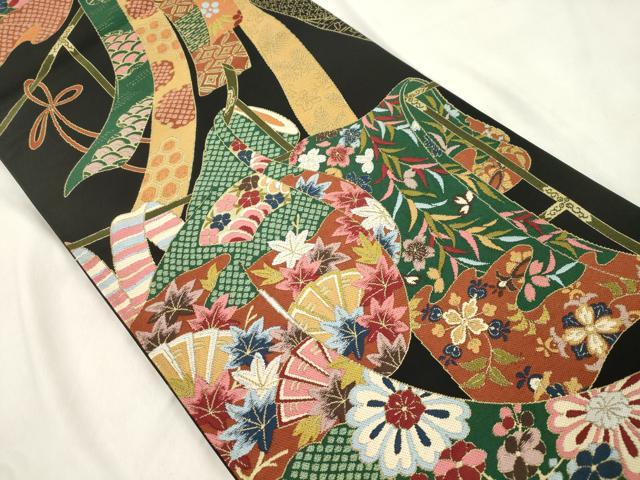平和屋着物●西陣 白綾苑大庭 六通柄袋帯 誰が袖花文 黒地 金糸 正絹 逸品 CABN3713dy