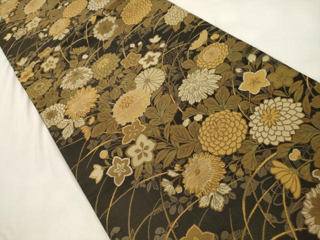 平和屋着物●六通柄袋帯 草花文 黒地 金糸 正絹 逸品 CABN3729dy