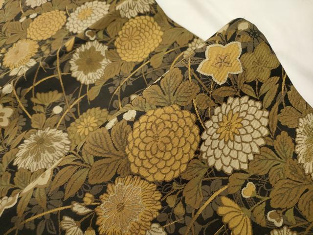 平和屋着物●六通柄袋帯 草花文 黒地 金糸 正絹 逸品 CABN3729dy