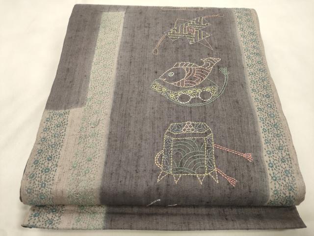 平和屋着物●太鼓柄袋帯 総刺繍 刺し子 玩具文 正絹 逸品 CABN3756dy
