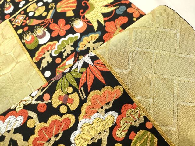 平和屋着物●西陣の名門 本家加納 六通柄袋帯 唐織 松竹梅 宝尽くし文 黒地 金銀糸 正絹 逸品 CABN3854dy