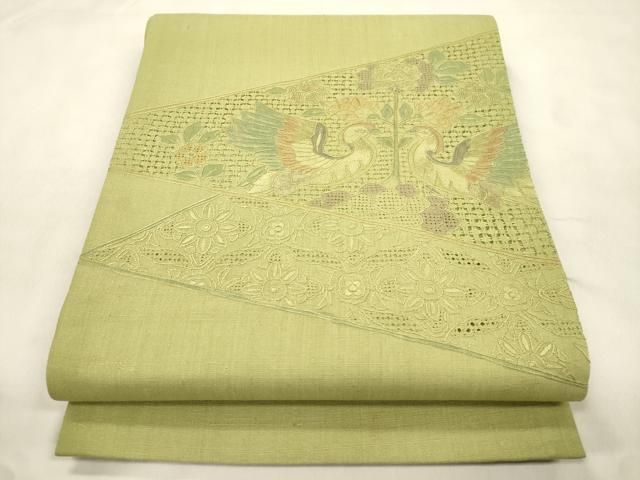 平和屋着物●中国三大刺繍 スワトウ刺繍 相良刺繍 総刺繍 太鼓柄袋帯 紬地 花鳥文 正絹 逸品 CABN3932dy