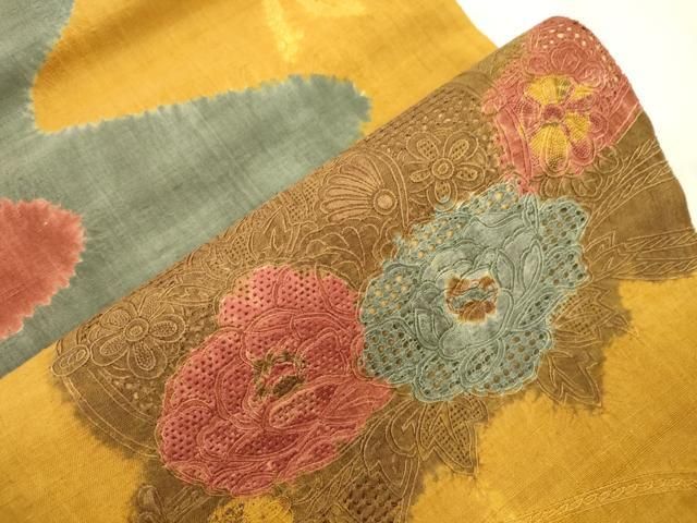 平和屋着物●中国三大刺繍 スワトウ刺繍 総刺繍 太鼓柄袋帯 絞り 紬地 草花文 正絹 逸品 CABN3933dy