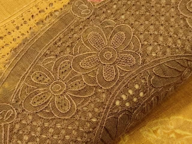 平和屋着物●中国三大刺繍 スワトウ刺繍 総刺繍 太鼓柄袋帯 絞り 紬地 草花文 正絹 逸品 CABN3933dy