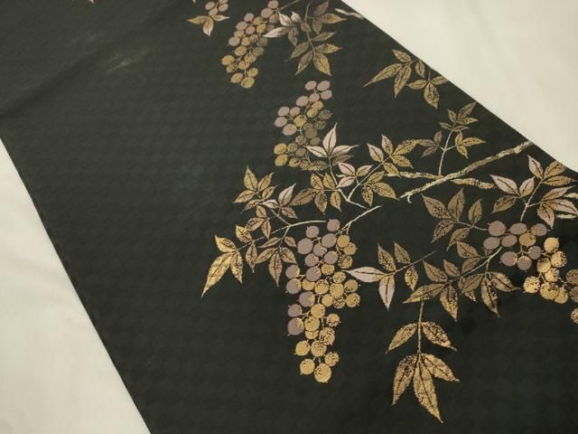 平和屋着物●全通柄袋帯 南天文 黒地 金糸 正絹 逸品 CABN3944dy