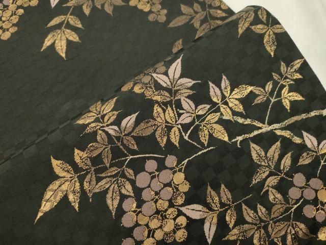 平和屋着物●全通柄袋帯 南天文 黒地 金糸 正絹 逸品 CABN3944dy
