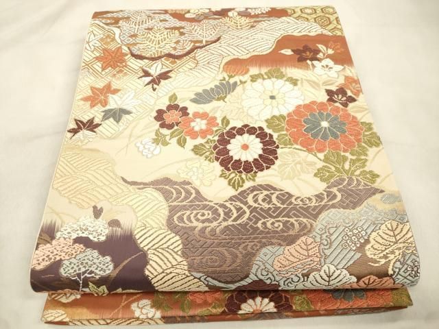 平和屋着物●六通柄袋帯 唐織 能衣幽玄錦 流水草花文 金糸 正絹 逸品 未使用 CABN3946dy