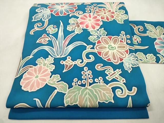 平和屋着物●九寸名古屋帯 ろうけつ染め 草花文 正絹 逸品 CABN3991dy