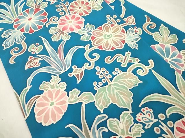 平和屋着物●九寸名古屋帯 ろうけつ染め 草花文 正絹 逸品 CABN3991dy