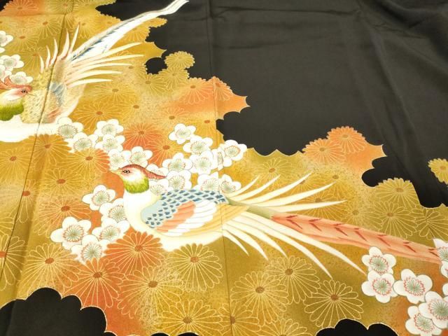 平和屋着物■豪華黒留袖 駒刺繍 尾長鳥花文 暈し染め 金彩 正絹 逸品 CABN4554oy