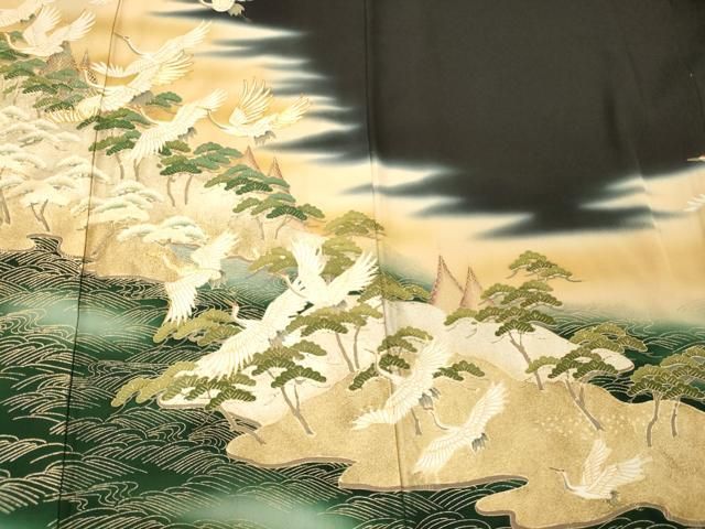 平和屋着物■豪華黒留袖 駒刺繍 飛鶴松文 暈し染め 金彩 正絹 逸品 CABN4613oy
