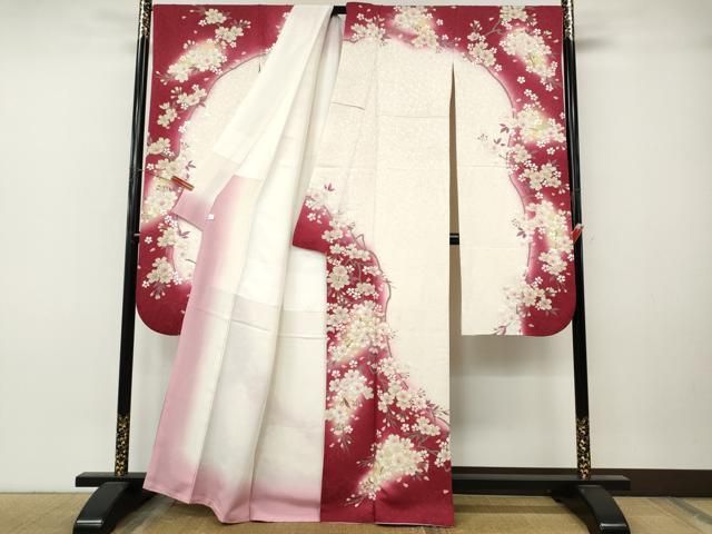 平和屋着物●豪華振袖・長襦袢セット 駒刺繍 枝桜文 暈し染め 銀通し地 鈴乃屋扱い 正絹 逸品 CABN4954ut
