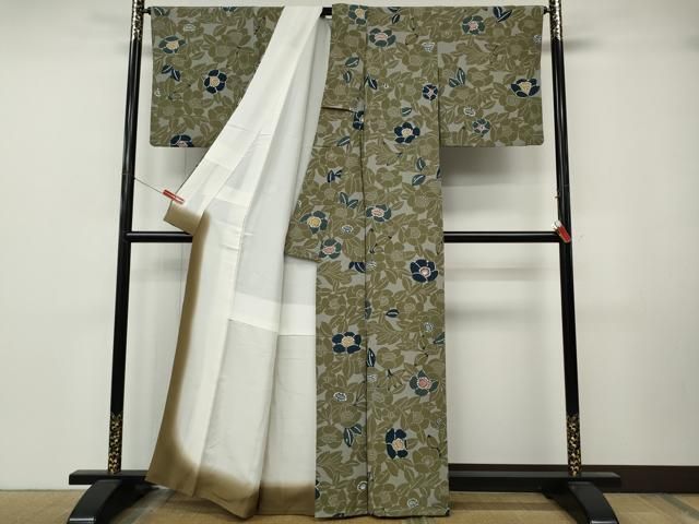 平和屋着物●上質な小紋 型染め 枝椿文 鬼しぼ縮緬 正絹 逸品 CABN4997ut