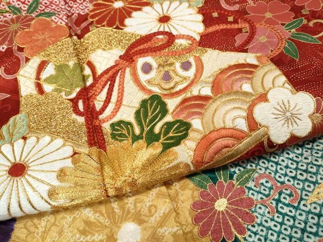 平和屋着物●十日町 名門青柳謹製 振袖 駒刺繍 絞り 文箱花文 正絹 逸品 CABN5010ut