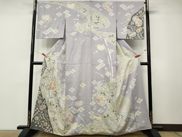 平和屋着物●訪問着 駒刺繍 絞り 雪輪草花文 銀通し地 正絹 逸品 CABN5019ut