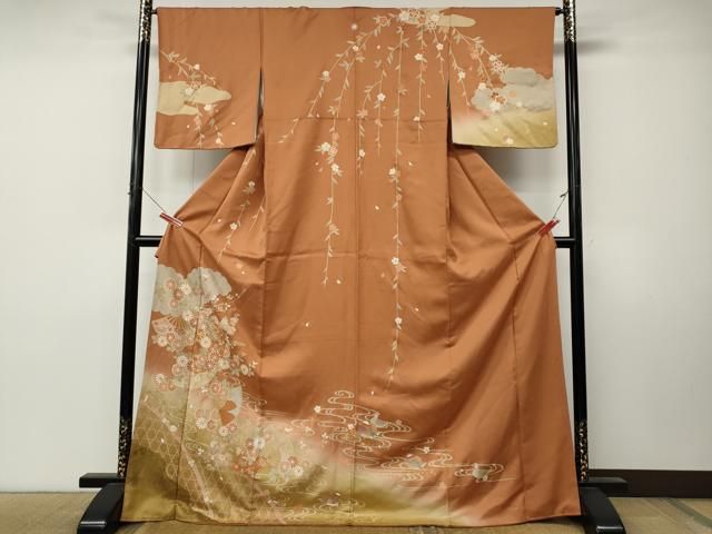 平和屋着物●訪問着 駒刺繍 鴛鴦扇面花文 暈し染め 金彩 ロング丈 正絹 逸品 CABN5087ut