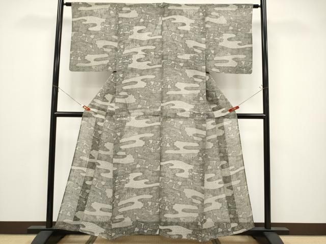 平和屋着物*夏物 小紋 生紬 紗 型染め 霞風景文 正絹 逸品 未使用 CABN5851tx