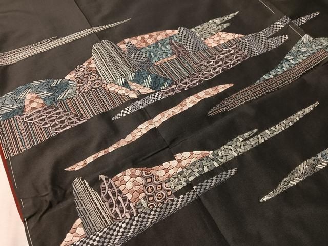 平和屋着物●中国三大刺繍 相良刺繍 総刺繍 訪問着 本場縞大島紬 久野織物特製 泥染 証紙付 仮絵羽 正絹 逸品 未使用CABN6005vp