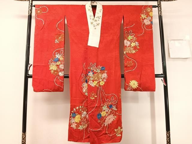平和屋着物●アンティーク 大正ロマン 振袖用長襦袢 袷 総刺繍 駒刺繍 束ね花文 金銀糸 半衿刺繍 正絹 逸品 CABN6029vp