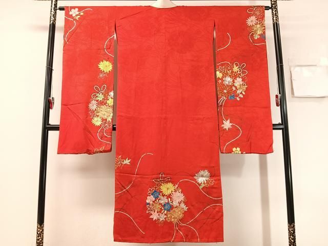 平和屋着物●アンティーク 大正ロマン 振袖用長襦袢 袷 総刺繍 駒刺繍 束ね花文 金銀糸 半衿刺繍 正絹 逸品 CABN6029vp