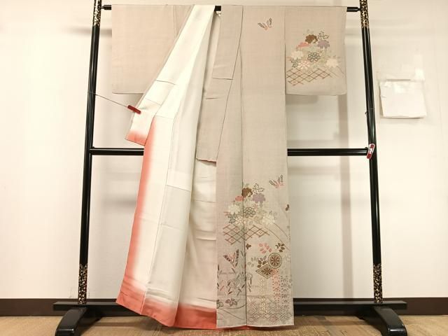 平和屋着物●訪問着 作家物 流水花蝶文 金彩 鬼しぼ縮緬 正絹 逸品 CABN6057vp