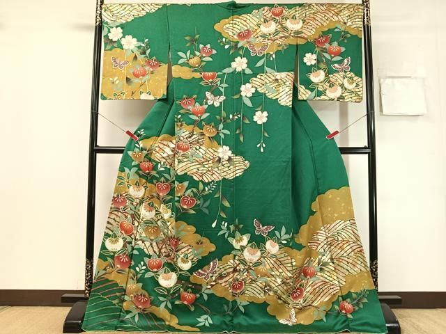 平和屋着物●訪問着 駒刺繍 橘舞蝶文 金通し地 ロング丈 正絹 逸品 CABN6074vp
