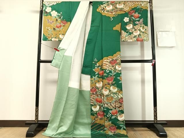 平和屋着物●訪問着 駒刺繍 橘舞蝶文 金通し地 ロング丈 正絹 逸品 CABN6074vp