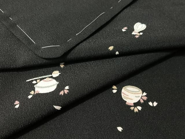 平和屋着物●小紋 茶器 黒地 洗える着物 未使用 CABN6077vp