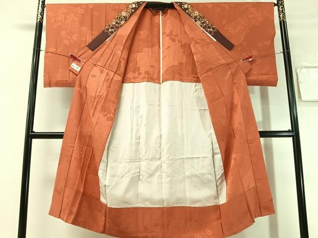 平和屋着物●長襦袢 無双仕立て 花蝶地紋 煉瓦色 やまと誂製 半衿刺繍 正絹 逸品 CABN6095vp