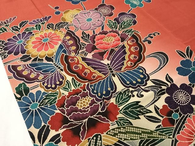 平和屋着物●豪華振袖 紅型 流水花蝶文 暈し染め 正絹 逸品 CABN6107vp