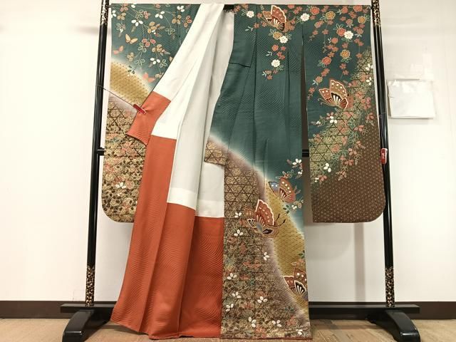 平和屋着物●豪華振袖 絞り 舞蝶萩文 暈し染め 金彩 正絹 逸品 CABN6147vp