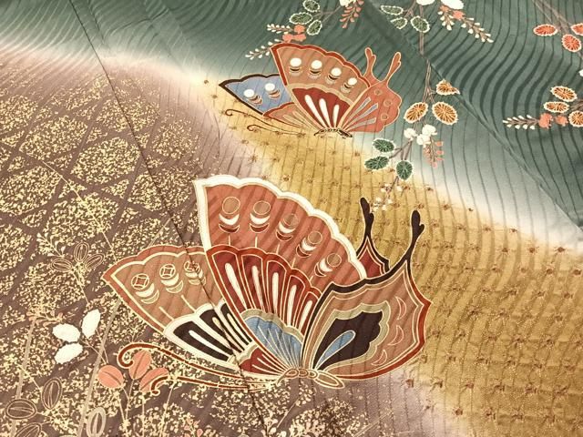 平和屋着物●豪華振袖 絞り 舞蝶萩文 暈し染め 金彩 正絹 逸品 CABN6147vp