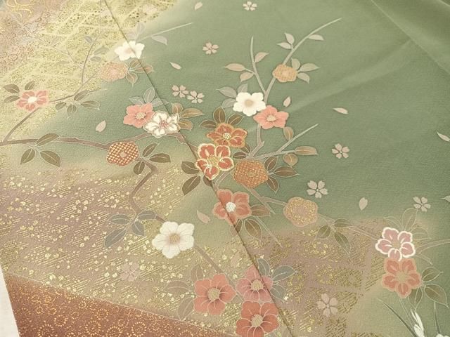 平和屋着物●訪問着 流水枝花文 暈し染め 金彩 ロング丈 正絹 逸品 CABN6185vp