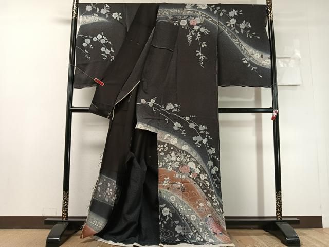 平和屋着物●訪問着 辻が花 絞り 暈し染め 黒地 銀彩 仮絵羽 正絹 逸品 未使用 CABN6218vp