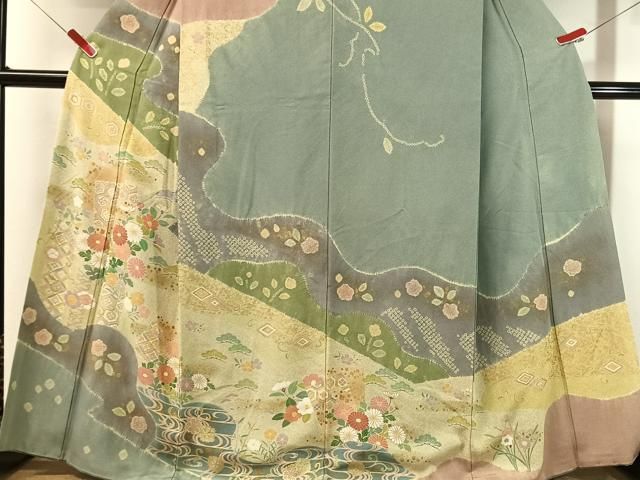 平和屋着物●訪問着 絞り 流水色紙花文 金彩 正絹 逸品 CABN6232vp