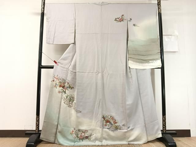 平和屋着物●中国三大刺繍 蘇州刺繍 総刺繍 訪問着 流水扇面花文 暈し染め 金糸 反端付き 正絹 逸品 CABN6261vp