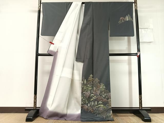 平和屋着物●本場縞大島紬 訪問着 総刺繍 花松文 さが美扱い 正絹 逸品 CABN6309vp